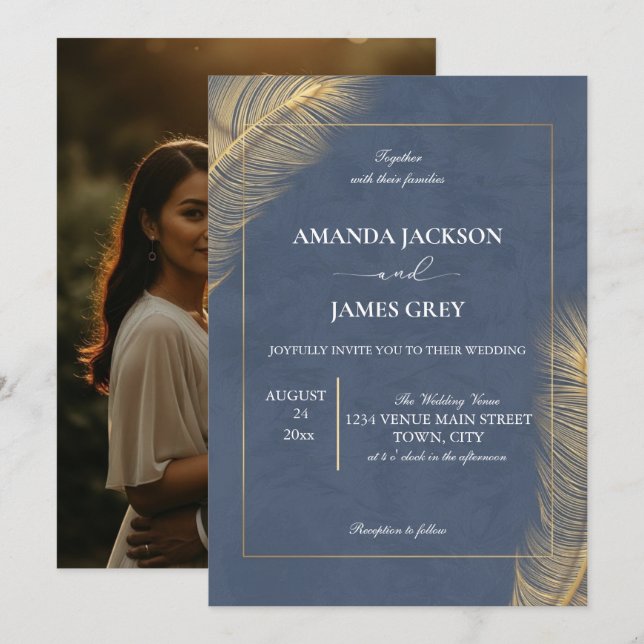 Convites Casamento com Foto Botânica em Azul Poeirento e Do (Frente/Verso)