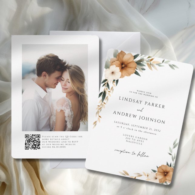 Convites Casamento com Foto Botânico de Cobre Elegante e Te (Elegant Copper & Earthy Botanical Wedding Invitation)