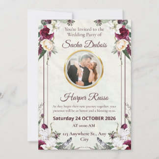 Convites Casamento com Foto Burgundy e Dourado Floral Escur