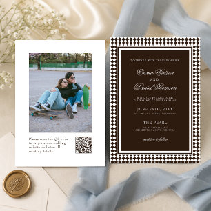 Convites Casamento com Foto de Borda Harlequim em Marrom Ch