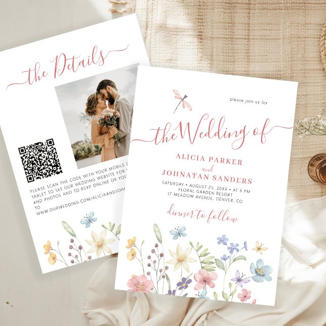 Convites Casamento com foto de código QR de flores silvestr (Criador carregado)