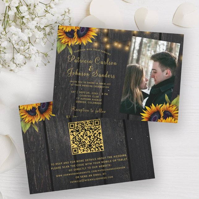 Convites Casamento com foto de código QR de girassol russo (Criador carregado)