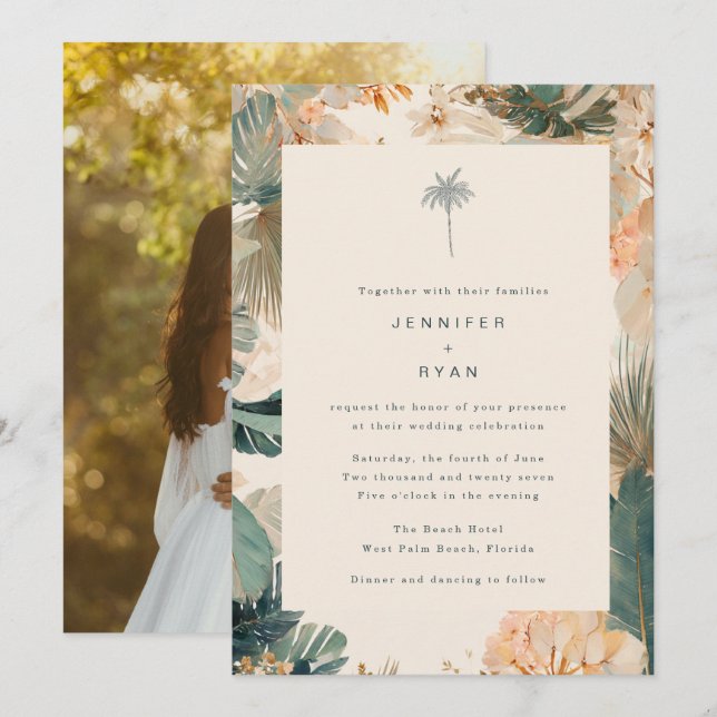 Convites Casamento com Foto de Folhas de Palmeira Tropical  (Frente/Verso)