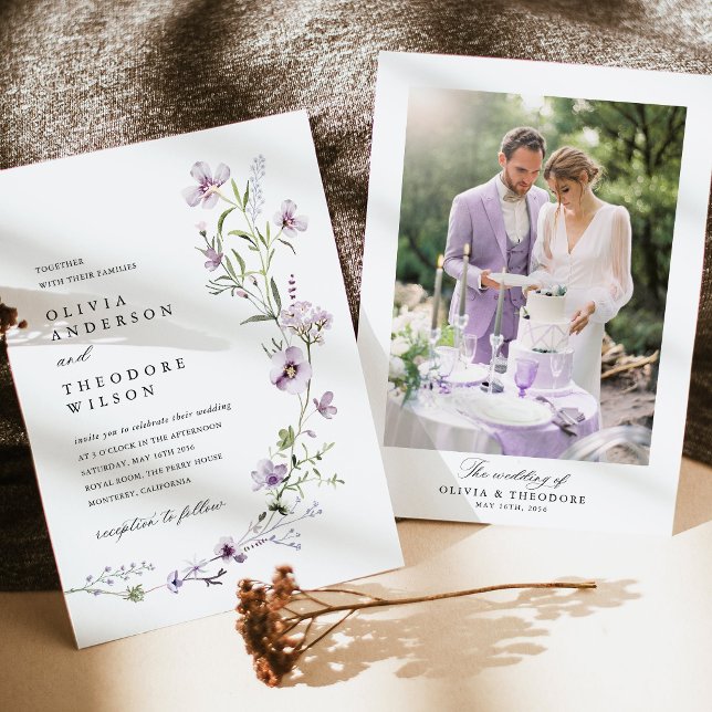 Convites Casamento com Foto de Fundo de Flor Silvestre de L (Lavender Wildflower Photo Back Wedding Invitation, Lilac Floral Purple Botanical Wedding Suite)
