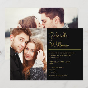 Convites Casamento com Foto de Letra Preta e Dourada Modern