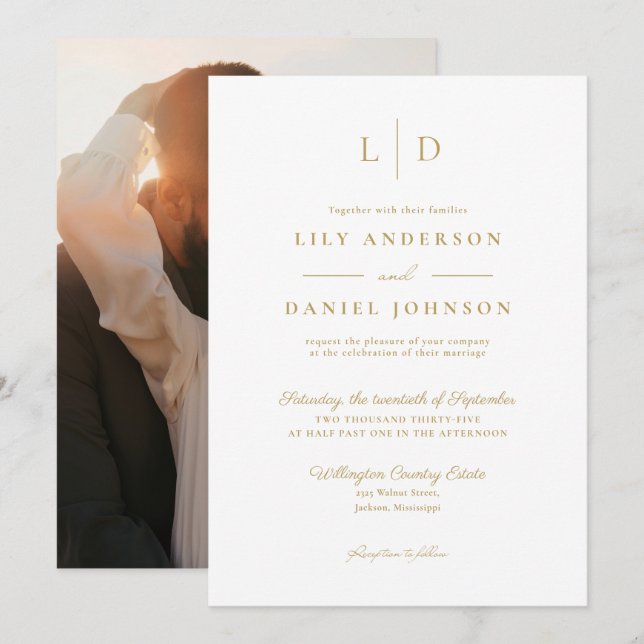 Convites Casamento com Foto de Monograma Minimalista Branco (Frente/Verso)