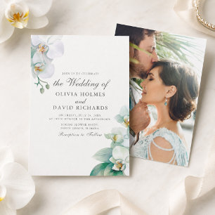 Convites Casamento com Foto de Orquídea Branca Minimalista 