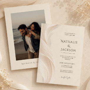 Convites Casamento com Foto de Pena Bege Marfim Elegante