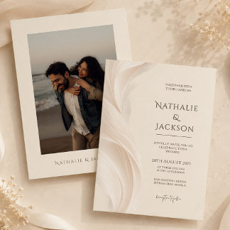 Convites Casamento com Foto de Pena Bege Marfim Elegante