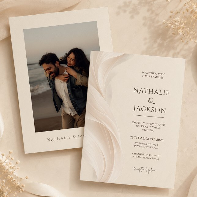 Convites Casamento com Foto de Pena Bege Marfim Elegante (Criador carregado)