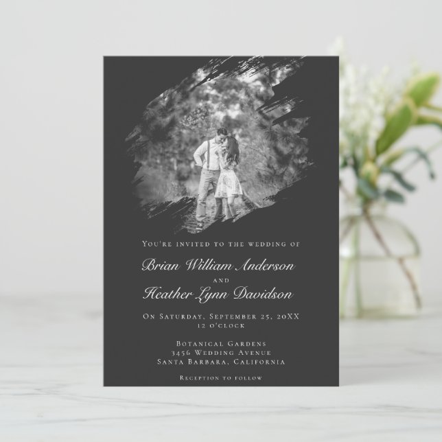 Convites Casamento com Foto de Pincelada Moderna | Preto Ma (Em pé/Frente)