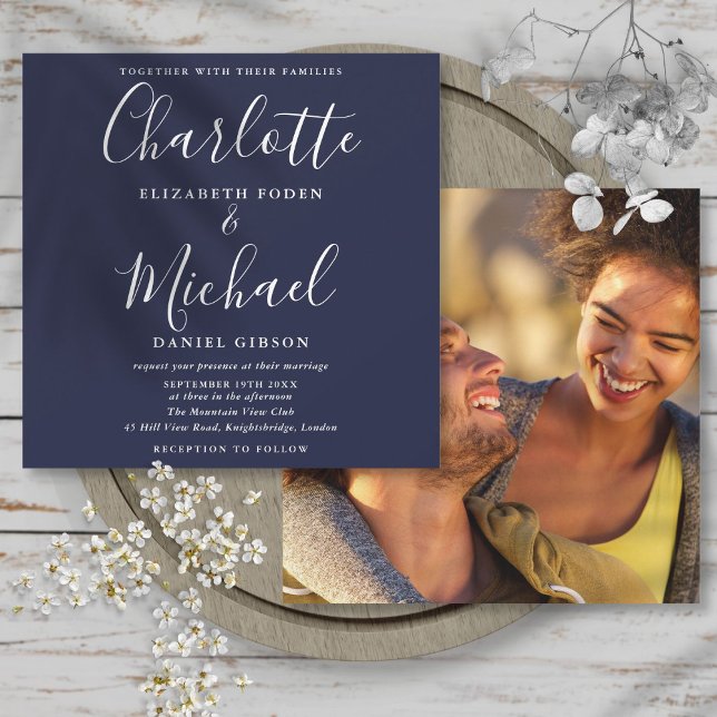 Convites Casamento com Foto de Script de Assinatura Elegant (Navy Blue Elegant Signature Script Wedding Photo Invitation)
