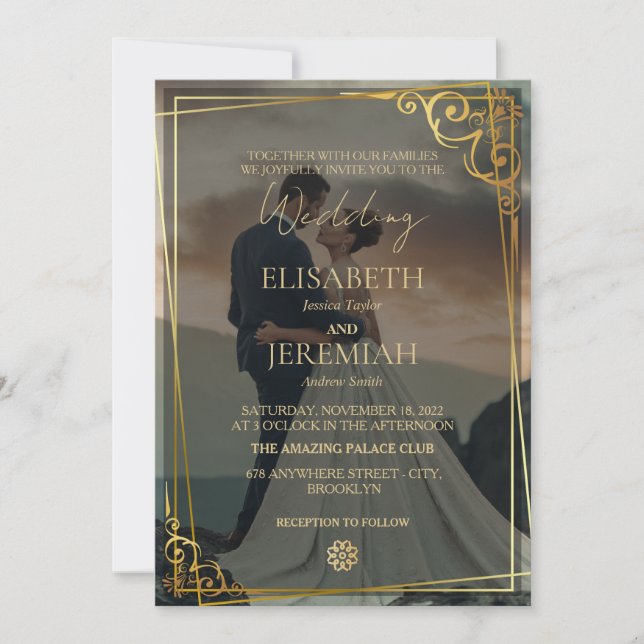 Convites Casamento com Foto de Sobreposição Preto e Dourado (Frente)