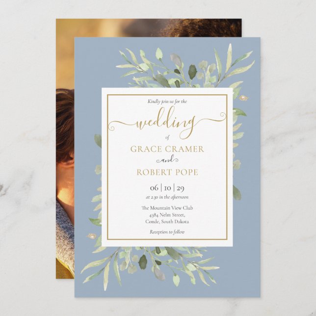 Convites Casamento com Foto Dourada de Script Azul Greenery (Frente/Verso)
