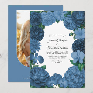 Convites Casamento com Foto e Código QR Floral Azul Marinho
