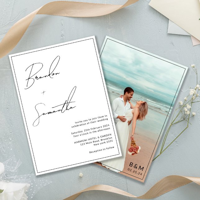 Convites Casamento com Foto e Letra Manuscrita em Preto e B (Criador carregado)