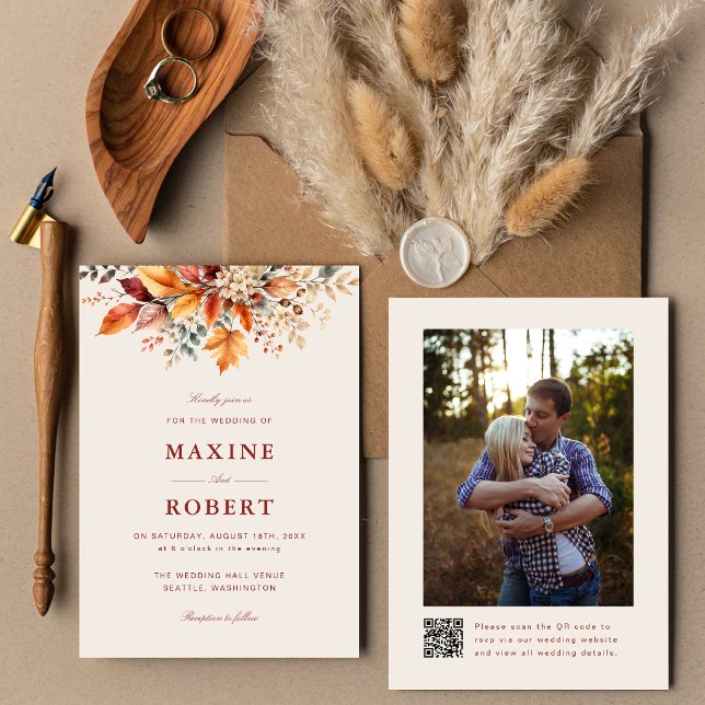 Convites Casamento com Foto em Código QR de Aquarela de Out (Elegant autumn watercolor QR code photo invitation keeps loved ones connected.)