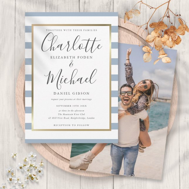 Convites Casamento com Foto em Listra Azul Poeirento Elegan (Elegant Dusty Blue Stripe Script Photo Wedding Invitation)