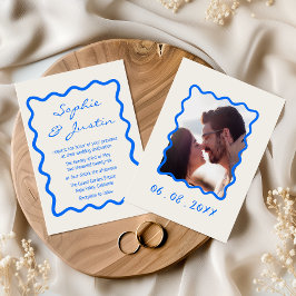 Convites Casamento com Foto em Moldura Azul Moderna Ondulad