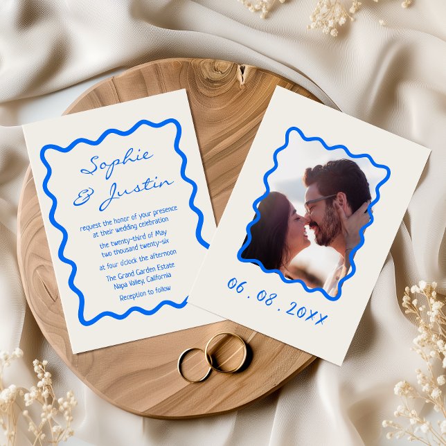 Convites Casamento com Foto em Moldura Azul Moderna Ondulad (Criador carregado)