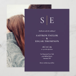 Convites Casamento com Foto em Monograma Roxo e Dourado