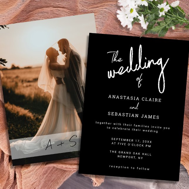 Convites Casamento com Foto em Preto e Branco com Letra Min (Minimalist Script Black and White Photo Wedding Invitation)