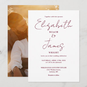 Convites Casamento com Foto em Rotulo Burgundy Minimalista 