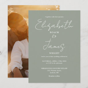 Convites Casamento com Foto em Rótulo Minimalista Verde Sal