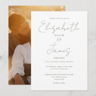 Convites Casamento com Foto em Tom de Verde Sálvia Elegante