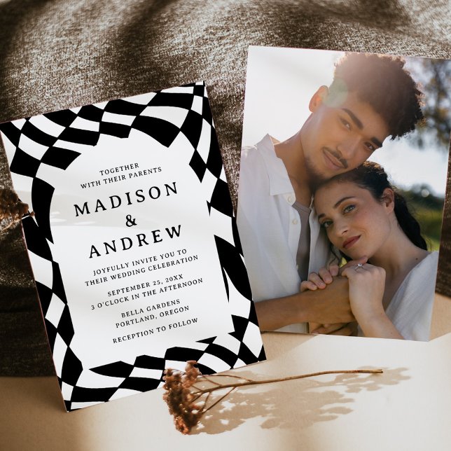 Convites Casamento com Foto em Xadrez Preto e Branco Retrô (Criador carregado)