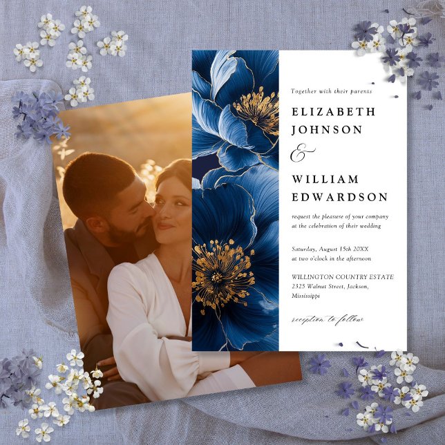 Convites Casamento com Foto Floral Azul Marinho e Dourado M (Modern Navy Blue And Gold Floral Photo Wedding Invitation)