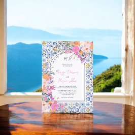 Convites Casamento com foto floral de azulejos azuis italia