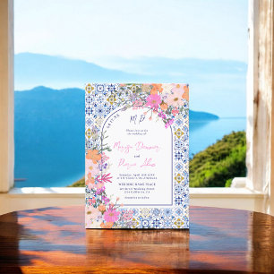 Convites Casamento com foto floral de azulejos azuis italia