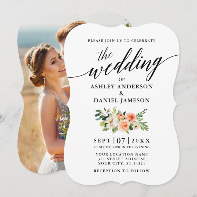 Convites Casamento com Foto Floral de Coral Calliografia (Frente/Verso)