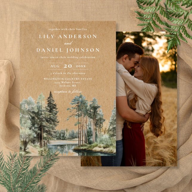 Convites Casamento com Foto Florestal Rústica Kraft (Rustic Kraft Lake Forest Woodland Photo Wedding Invitation)