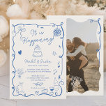 Convites Casamento com foto ilustrada desenhada com a mão a<br><div class="desc">Celebrar a união do amor com o nosso encantador convite para casamentos azuis francês! Este design francês ilustrado, desenhado à mão, exalta elegância e capricho, apresentando delicados rabiscos, armações onduladas de borda, e desenhos intrincados de comidas e bebidas. De copos de vinho a coquetéis e doces deliciosos, os detalhes alarmantes...</div>
