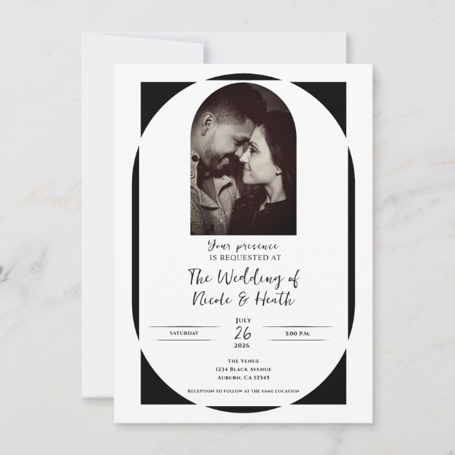 Convites Casamento com Foto Minimalista Moderna Preto e Bra (Frente)
