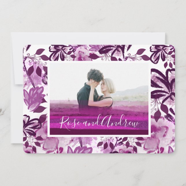Convites Casamento com Foto Personalizada com Padrão Floral (Frente)