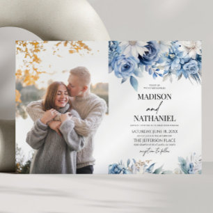 Convites Casamento com Foto Personalizada de Flores em Azul
