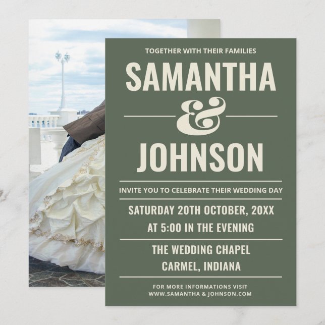 Convites Casamento com Foto Personalizada em Verde Sage (Frente/Verso)