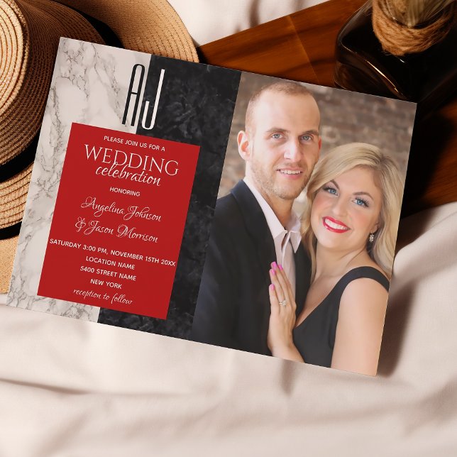 Convites Casamento com Foto Preto Branco e Vermelho (Criador carregado)