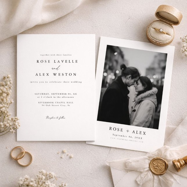 Convites Casamento com Foto Preto e Branco Simples Moderno (Criador carregado)