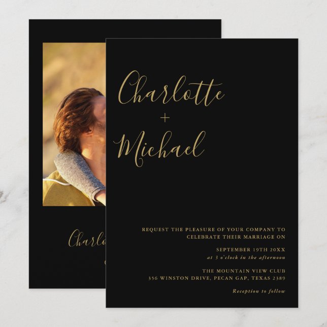 Convites Casamento com Foto Preto e Dourado de Roteiro Mini (Frente/Verso)