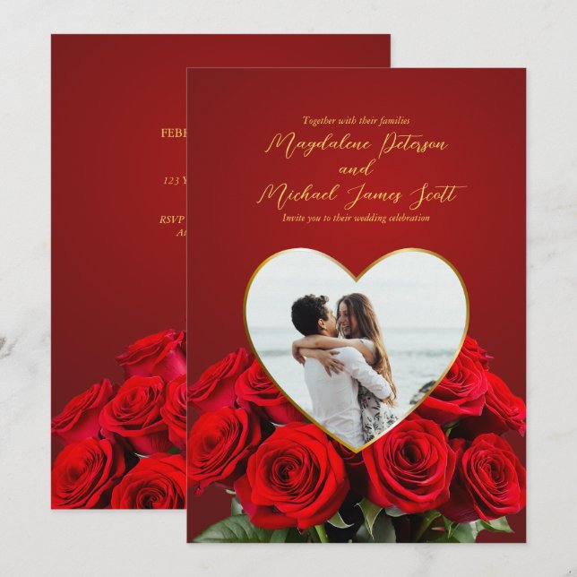 Convites Casamento com Foto Romântica Rose Bouquet Heart (Frente/Verso)