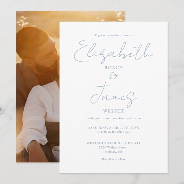 Convites Casamento com Foto Script Minimalista Azul Empoeir (Frente/Verso)