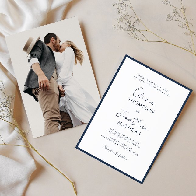 Convites Casamento com Foto Simples Borda Azul-Marinho em S (Criador carregado)