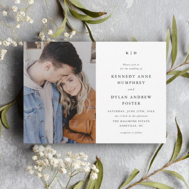 Convites Casamento com Foto Simples Preto e Branco Elegante (Simple Black and White Typography Minimal Photo Wedding Invitations.)