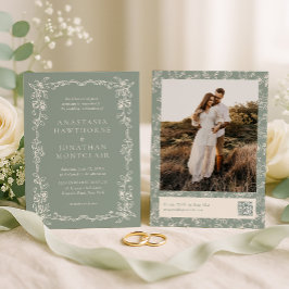 Convites Casamento com Foto Vintage em Verde Sage Elegante