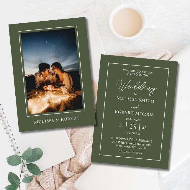 Convites Casamento com Fotografia da Caligrafia Verde-Azul  (Modern Olive Green Calligraphy Script Elegant Photo Wedding Invitation Back to Back with White Font)