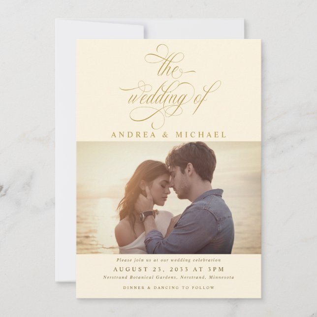 Convites Casamento com Fotografias Douradas de Creme Elegan (Frente)